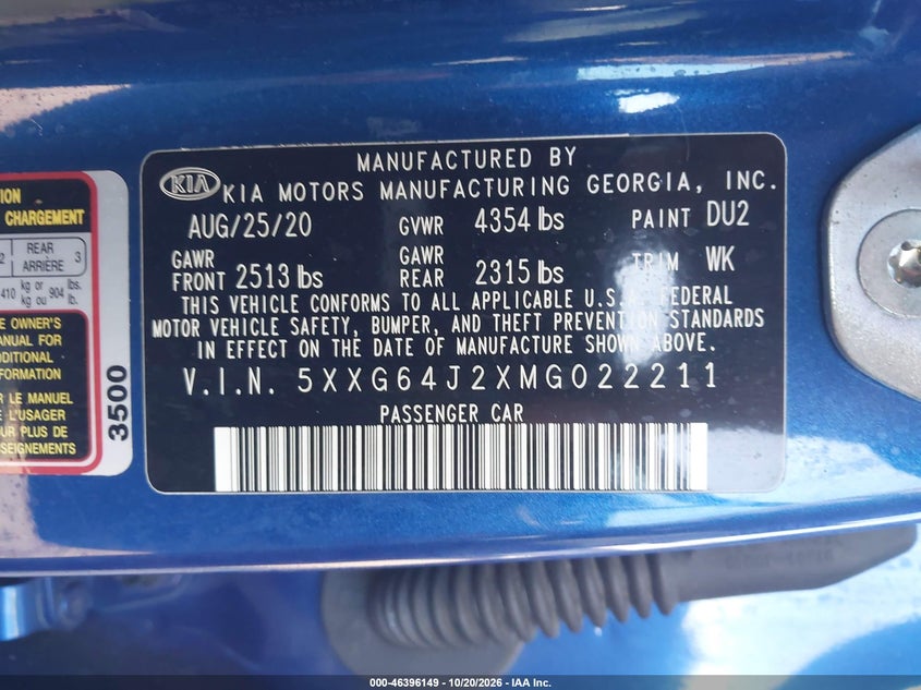 KIA K5 2021 VIN 5XXG64J2XMG022211