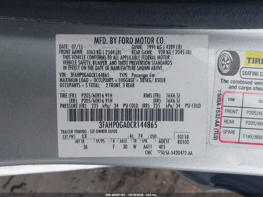 FORD FUSION 2012 VIN 3FAHP0GA0CR144865