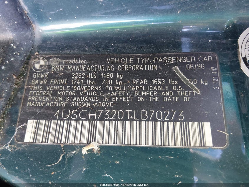 BMW Z3 1996 VIN 4USCH7320TLB70273