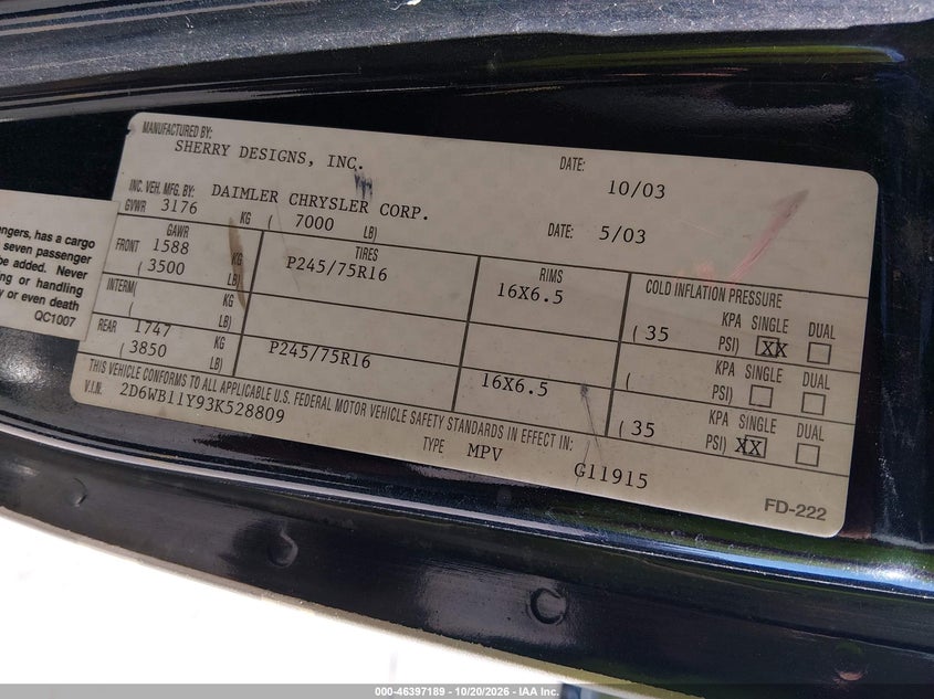 DODGE RAM VAN 1500 2003 VIN 2D6WB11Y93K528809