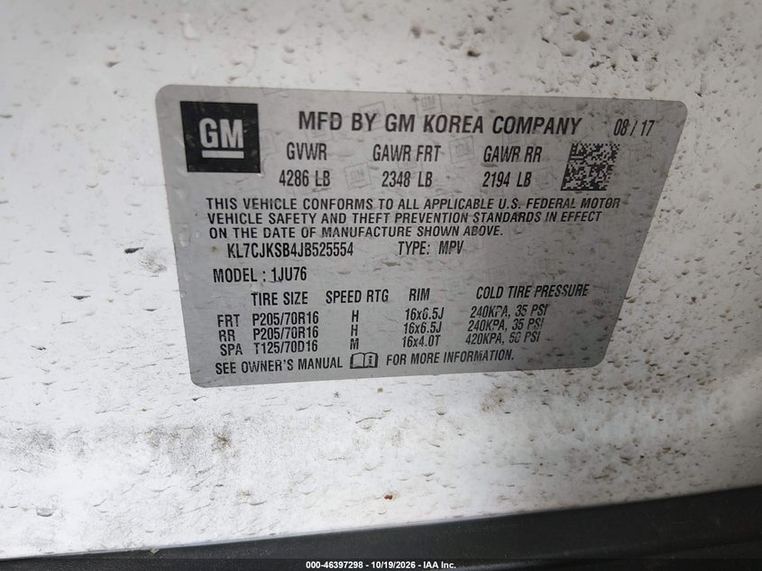 CHEVROLET TRAX 2018 VIN KL7CJKSB4JB525554