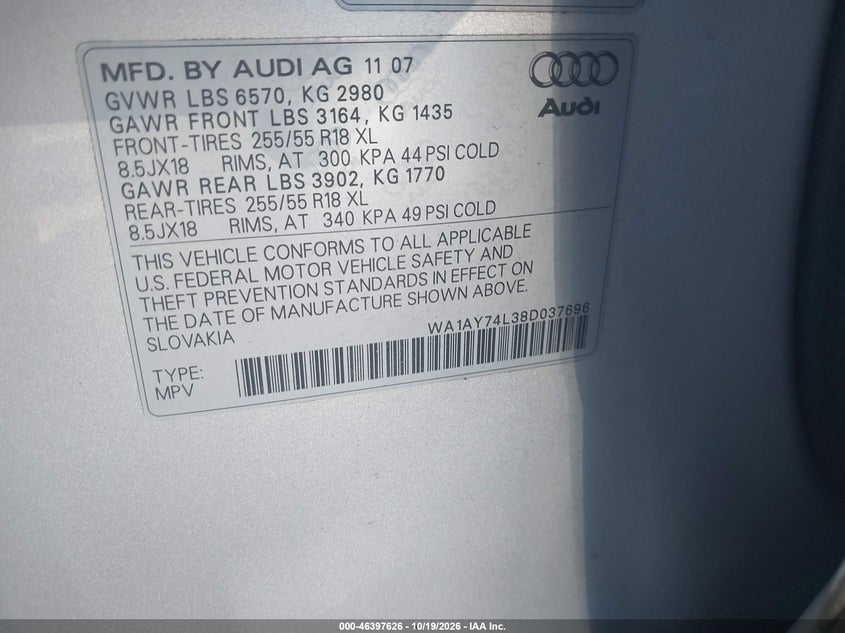 AUDI Q7 2008 VIN WA1AY74L38D037696