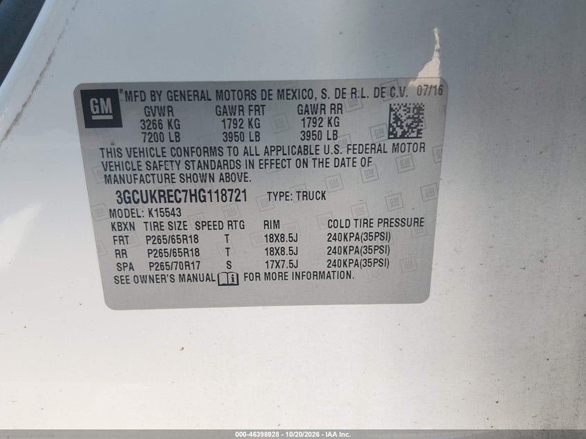 CHEVROLET SILVERADO 1500 2017 VIN 3GCUKREC7HG118721