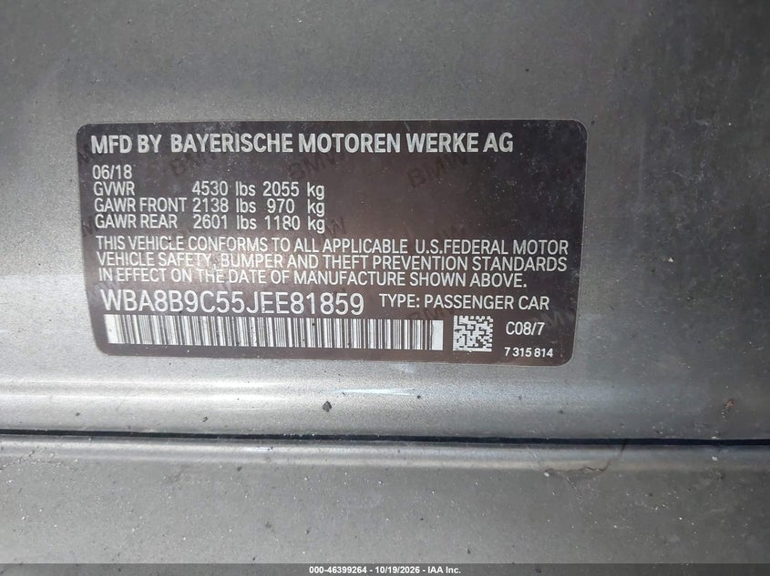 BMW 330I 2018 VIN WBA8B9C55JEE81859