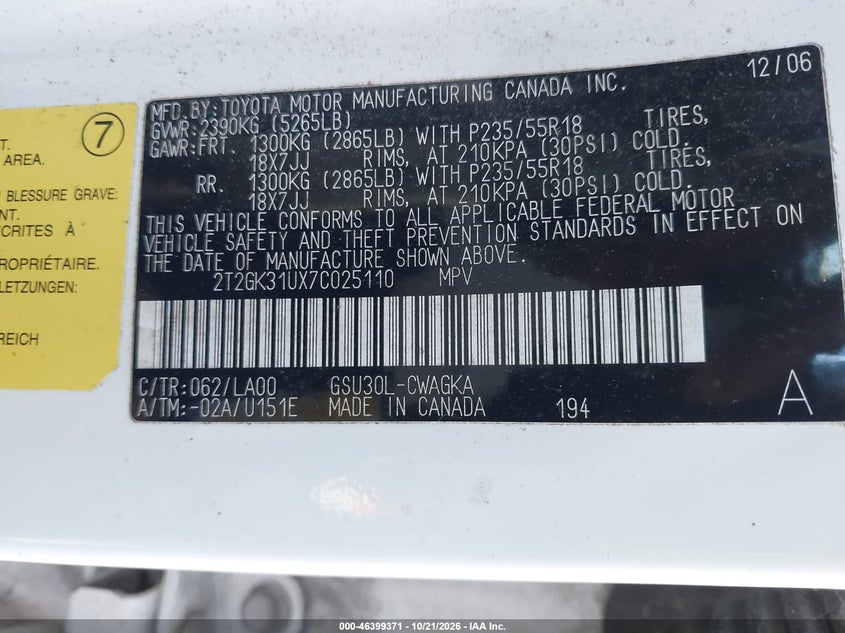 LEXUS RX 350 2007 VIN 2T2GK31UX7C025110