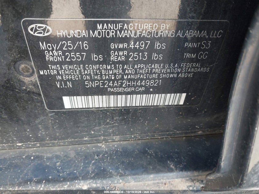 HYUNDAI SONATA 2017 VIN 5NPE24AF2HH449821