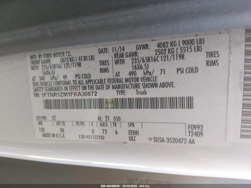 Vin: 1ftnr1zm1fka30872, lot: 46899997, ford transit-250 20154