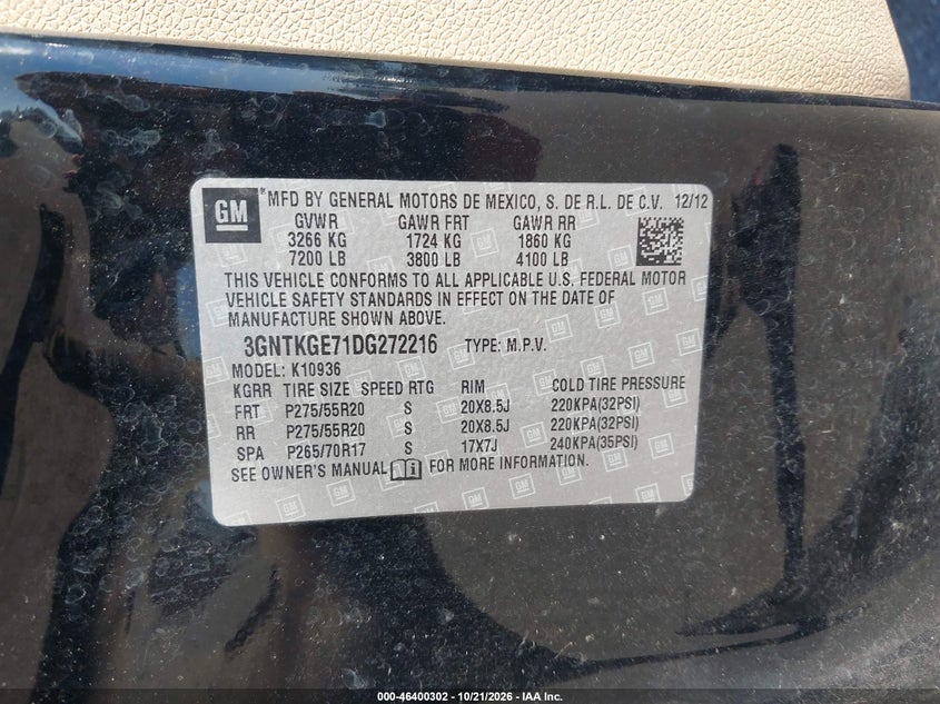 CHEVROLET AVALANCHE 2013 VIN 3GNTKGE71DG272216