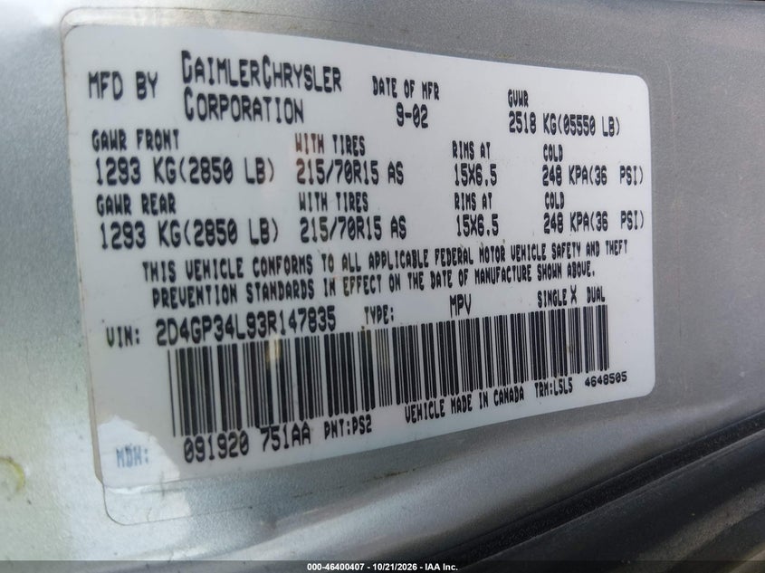DODGE GRAND CARAVAN 2003 VIN 2D4GP34L93R147835