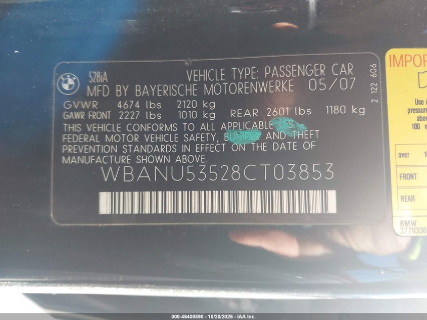 BMW 528I 2008 VIN WBANU53528CT03853
