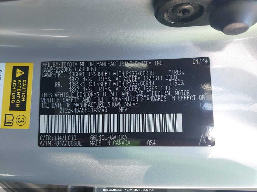 LEXUS RX 350 2014 VIN 2T2ZK1BA5EC143743