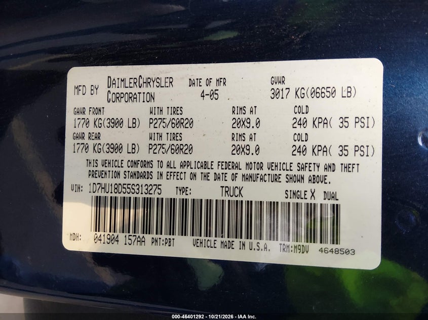 DODGE RAM 1500 2005 VIN 1D7HU18D55S313275