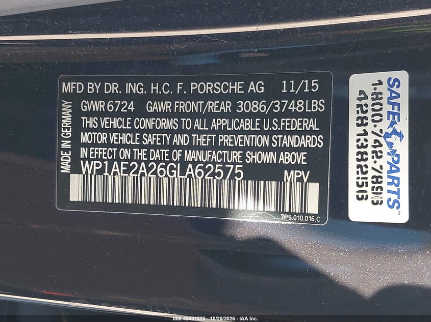 PORSCHE CAYENNE E-HYBRID 2016 VIN WP1AE2A26GLA62575