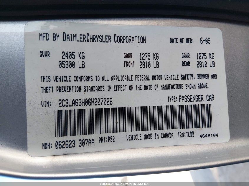 CHRYSLER 300C 2006 VIN 2C3LA63H06H207026