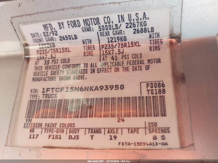 FORD F150 1992 VIN 1FTCF15N6NKA93950