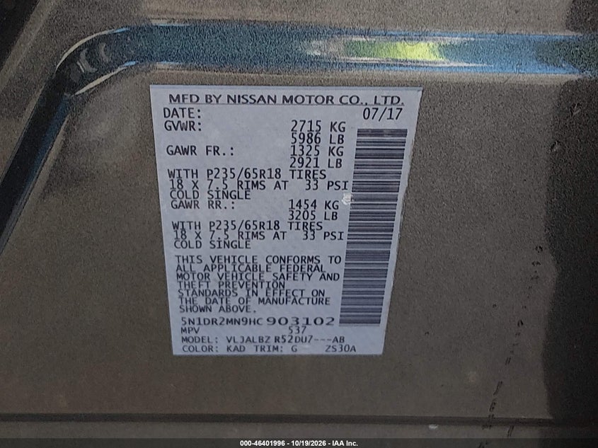 NISSAN PATHFINDER 2017 VIN 5N1DR2MN9HC903102
