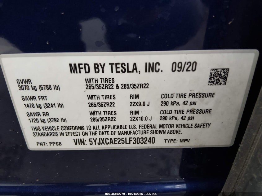 TESLA MODEL X 2020 VIN 5YJXCAE25LF303240
