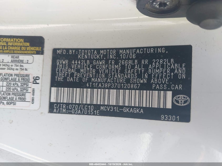 TOYOTA CAMRY SOLARA 2007 VIN 4T1FA38P37U120867