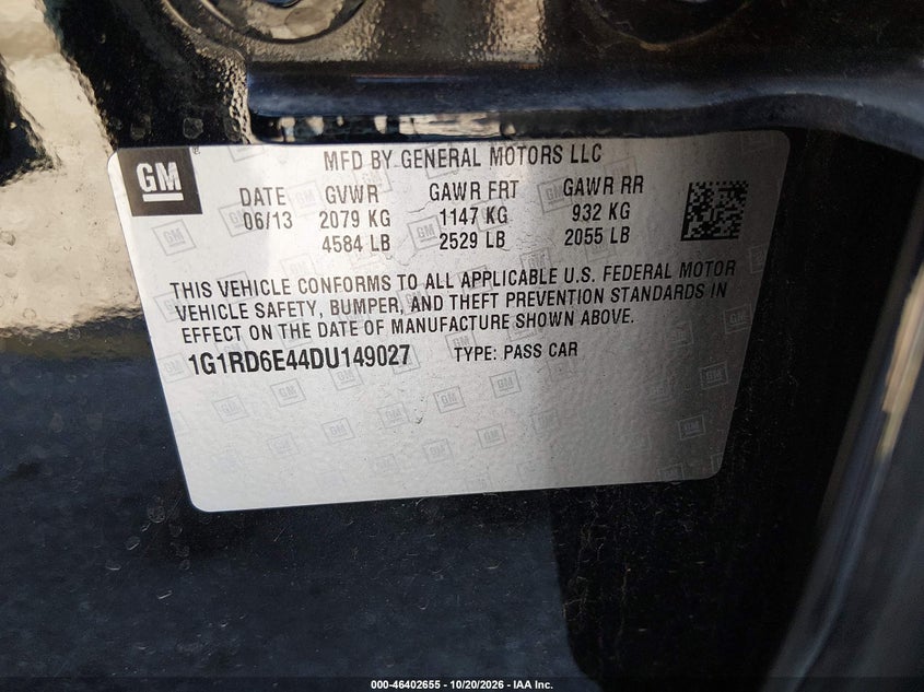 CHEVROLET VOLT 2013 VIN 1G1RD6E44DU149027
