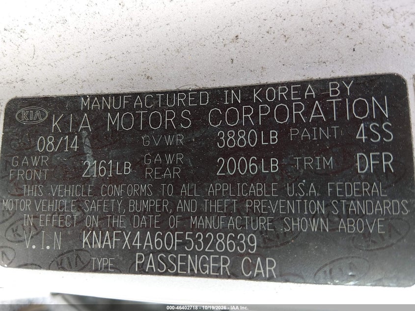 KIA FORTE 2015 VIN KNAFX4A60F5328639