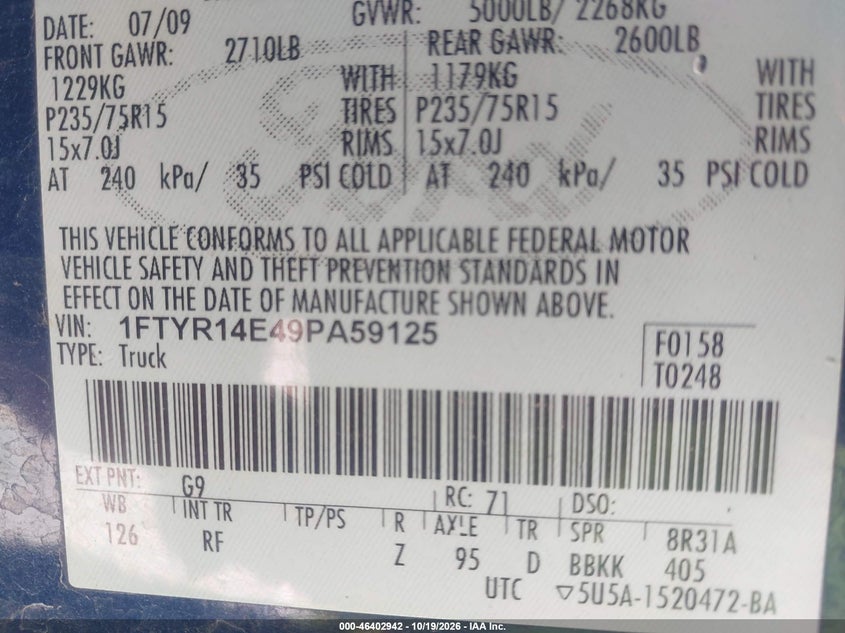 FORD RANGER 2009 VIN 1FTYR14E49PA59125