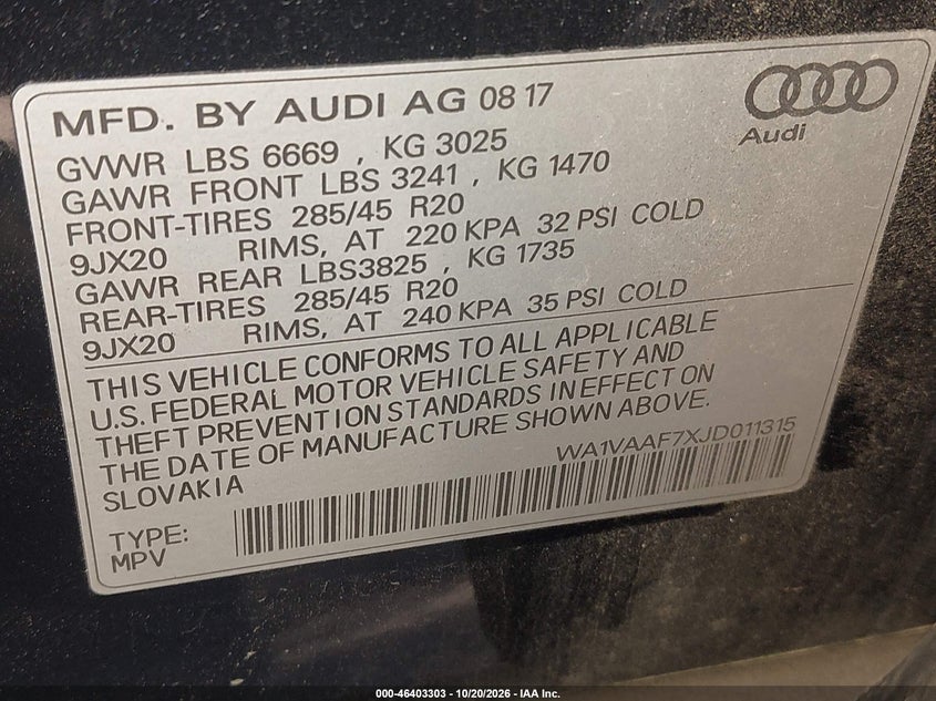 AUDI Q7 2018 VIN WA1VAAF7XJD011315