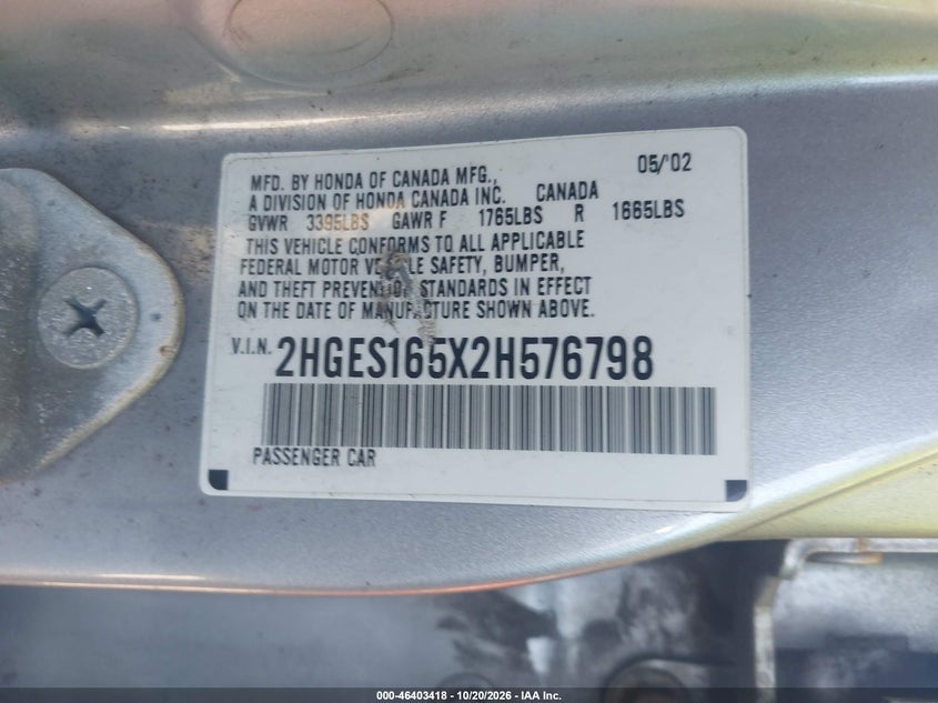 HONDA CIVIC 2002 VIN 2HGES165X2H576798
