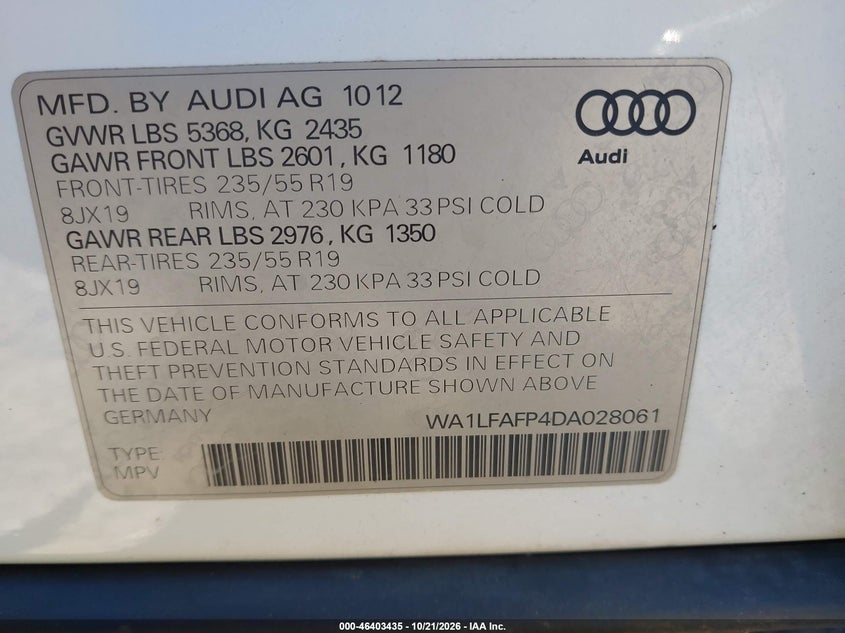 AUDI Q5 2013 VIN WA1LFAFP4DA028061