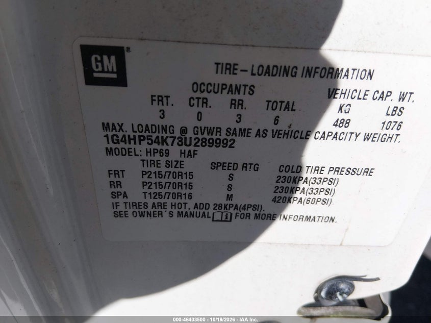 BUICK LESABRE 2003 VIN 1G4HP54K73U289992