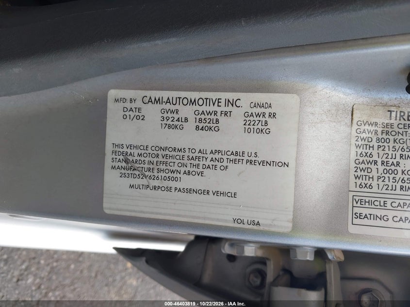 SUZUKI VITARA 2002 VIN 2S3TD52V626105001