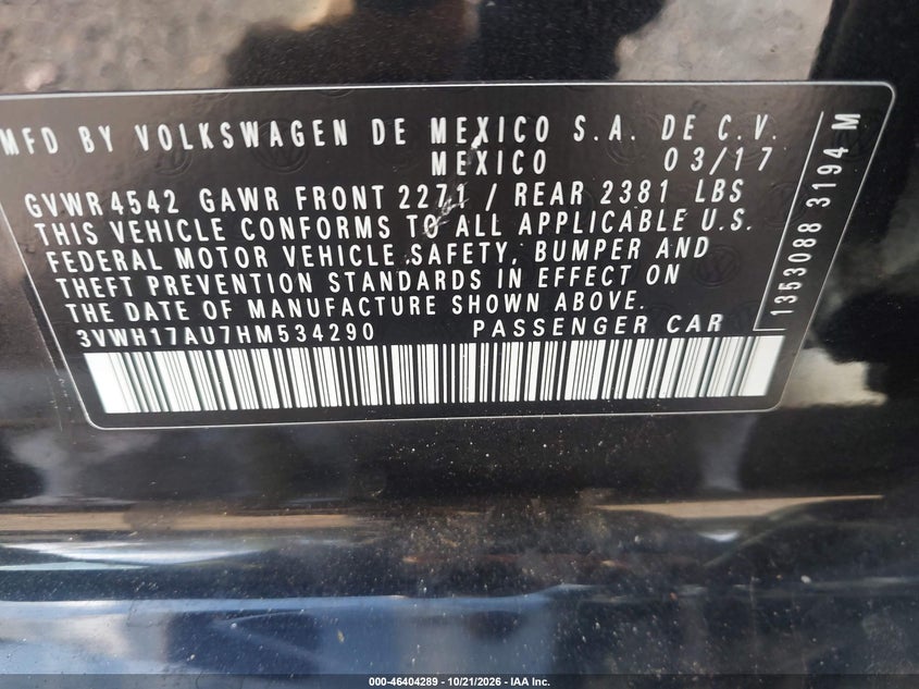 VOLKSWAGEN GOLF ALLTRACK 2017 VIN 3VWH17AU7HM534290