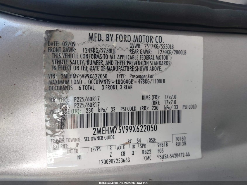 MERCURY GRAND MARQUIS 2009 VIN 2MEHM75V99X622050