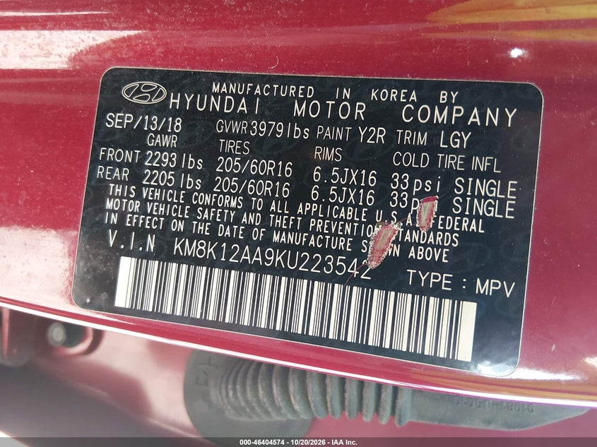 HYUNDAI KONA 2019 VIN KM8K12AA9KU223542
