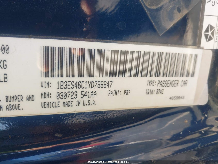 DODGE NEON 2000 VIN 1B3ES46C1YD786647