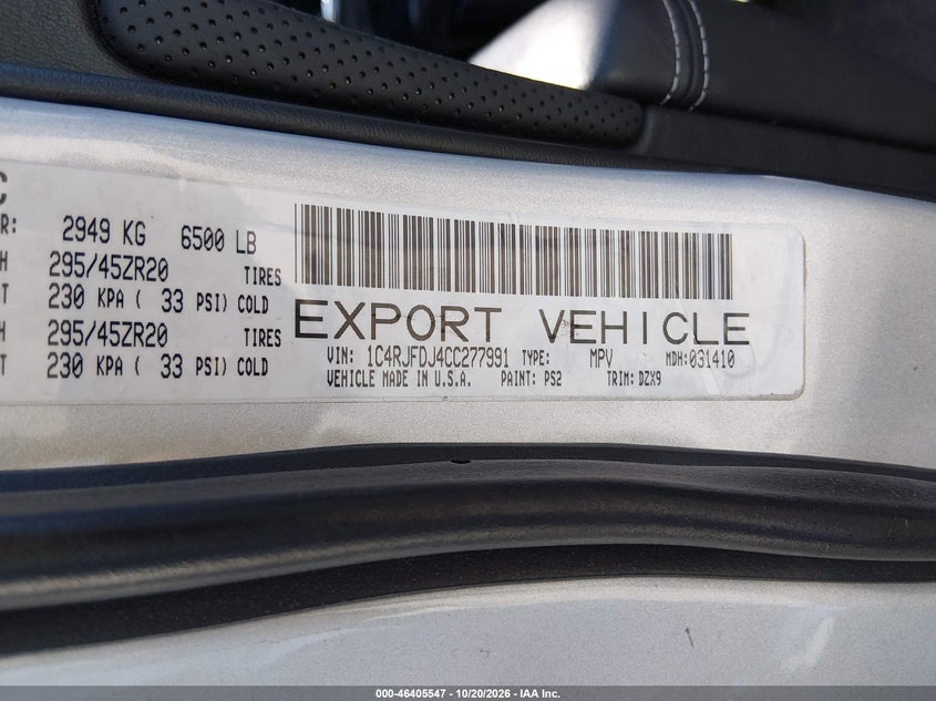 JEEP GRAND CHEROKEE 2012 VIN 1C4RJFDJ4CC277991