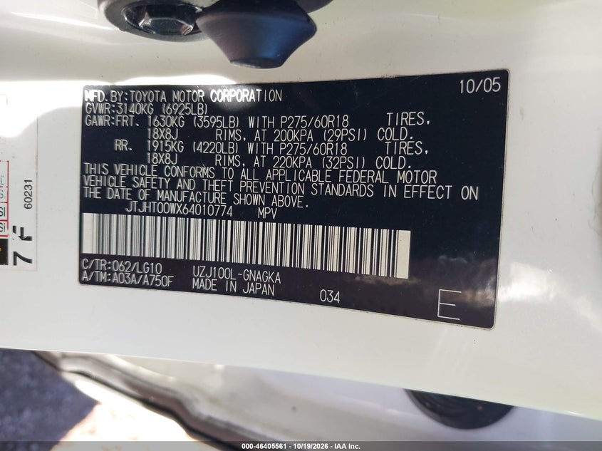 LEXUS LX 2006 VIN JTJHT00WX64010774