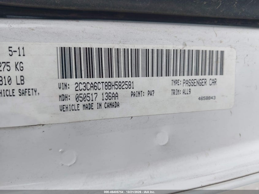 CHRYSLER 300C 2011 VIN 2C3CA6CT8BH582581