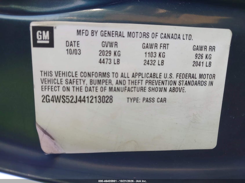 BUICK CENTURY 2004 VIN 2G4WS52J441213028