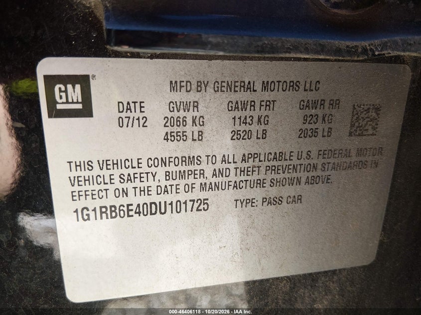 CHEVROLET VOLT 2013 VIN 1G1RB6E40DU101725