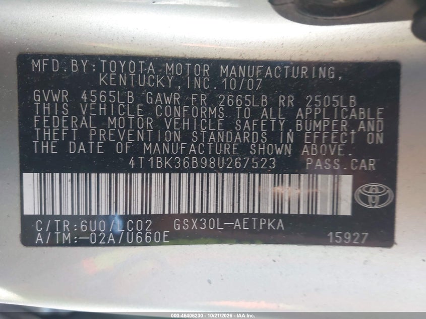 TOYOTA AVALON 2008 VIN 4T1BK36B98U267523