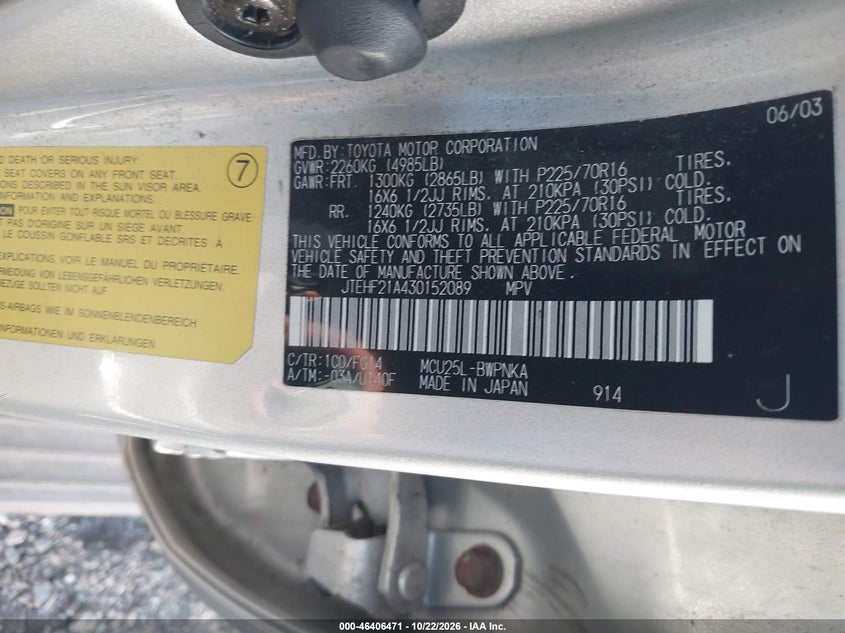 TOYOTA HIGHLANDER 2003 VIN JTEHF21A430152089