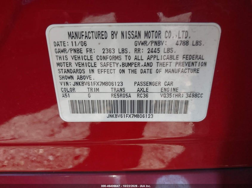 INFINITI G35X 2007 VIN JNKBV61FX7M806123
