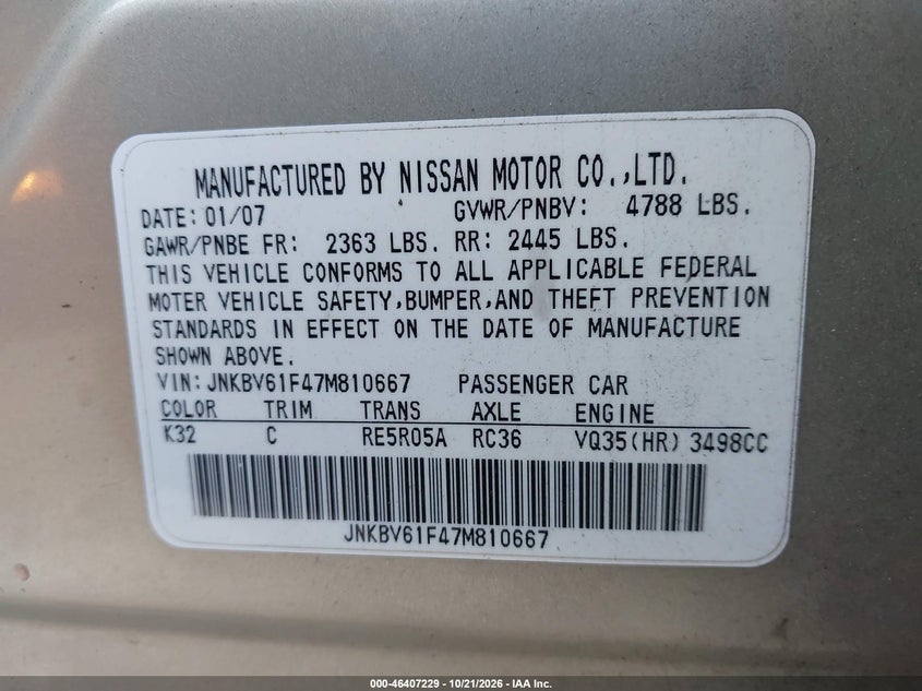INFINITI G35X 2007 VIN JNKBV61F47M810667