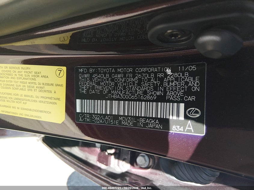 LEXUS ES 330 2006 VIN JTHBA30G065162869