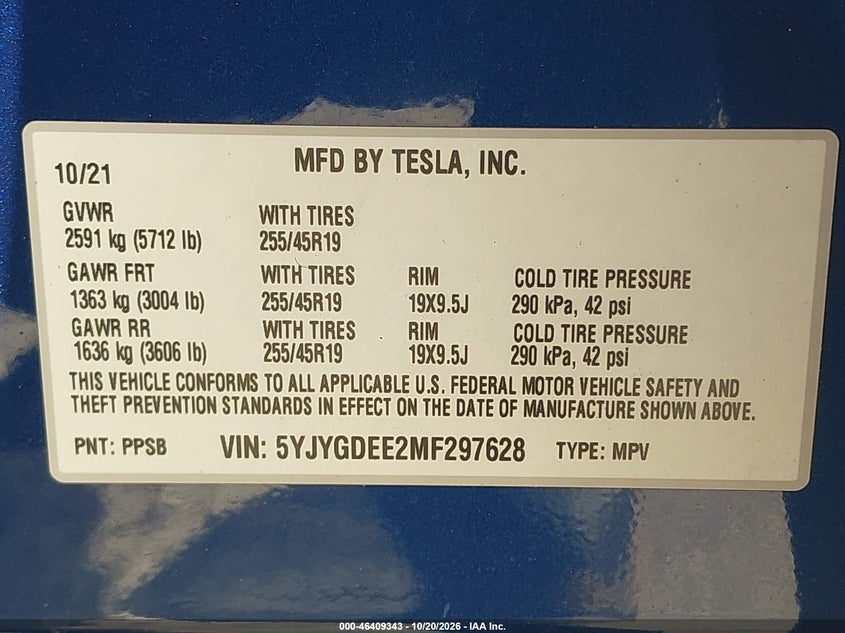 TESLA MODEL Y 2021 VIN 5YJYGDEE2MF297628