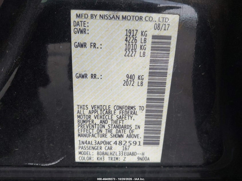 NISSAN ALTIMA 2017 VIN 1N4AL3AP0HC482591