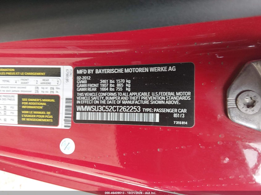 MINI COOPER 2012 VIN WMWSU3C52CT262253