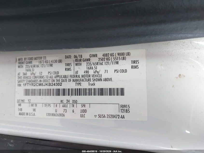 FORD TRANSIT-250 2018 VIN 1FTYR2CM8JKB24302