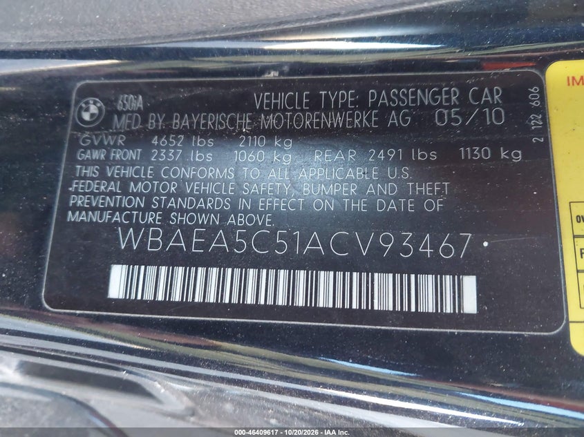 BMW 650I 2010 VIN WBAEA5C51ACV93467