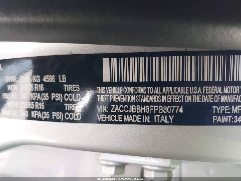 JEEP RENEGADE 2015 VIN ZACCJBBH6FPB80774